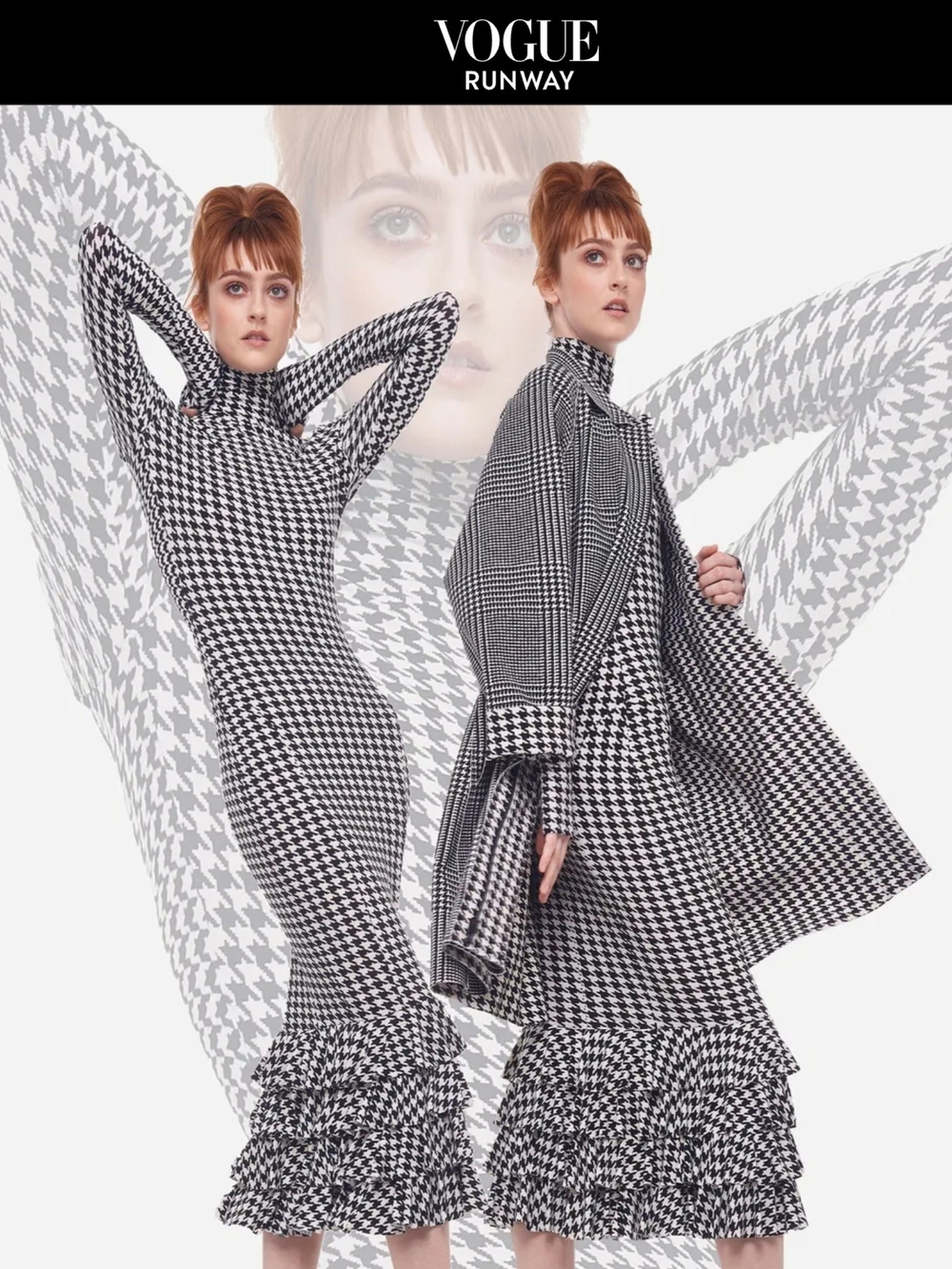 Norma Kamali Black and White Houndstooth Ruffled-Hem Dress